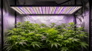 Panel LED de iluminación para cultivo indoor sobre plantas de cannabis